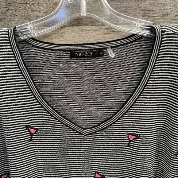 Nic Zoe Sweater Womens M Cosmo Cocktail Embroidered Novelty Print Striped Linen - Picture 6 of 16